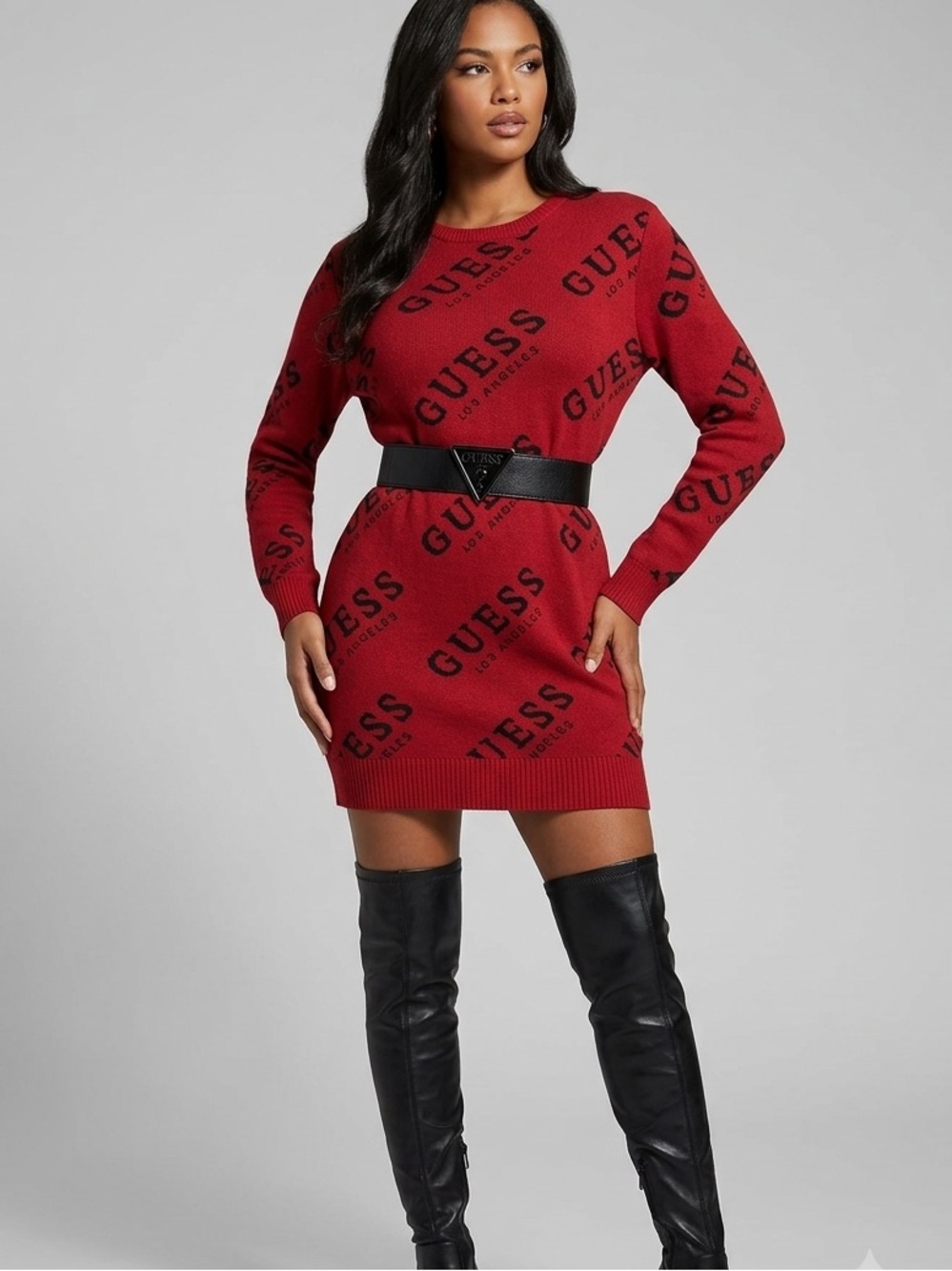 Guess Red Logo Knit Mini Dress with Black Print